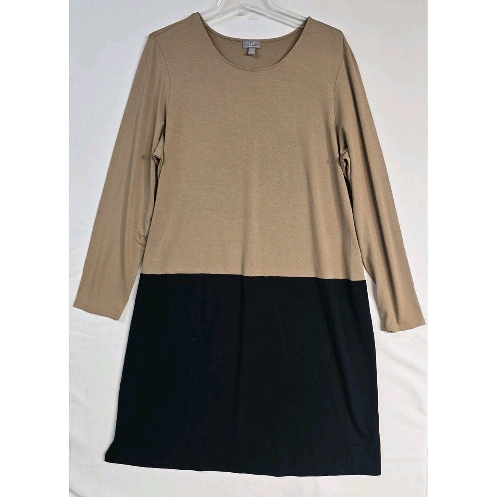 J.Jill Women XL Wearever Dress Two Tone Camel Black Pullover Long Sleeve